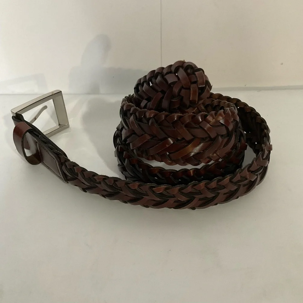 Men's Brown Genuine Leather Woven Belt Silver Buckle; Made in Guatemala; 46’L